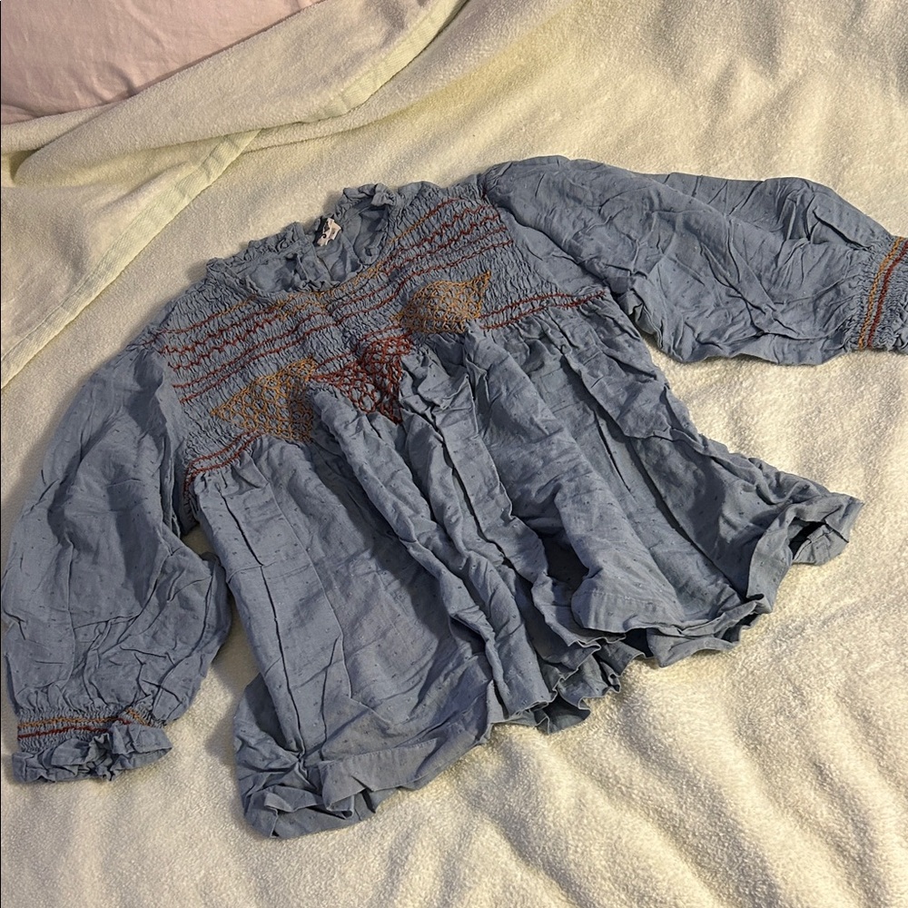 ivy jane Blue Smocked Peasant Blouse with Rust Embroidery - Picture 1 of 12